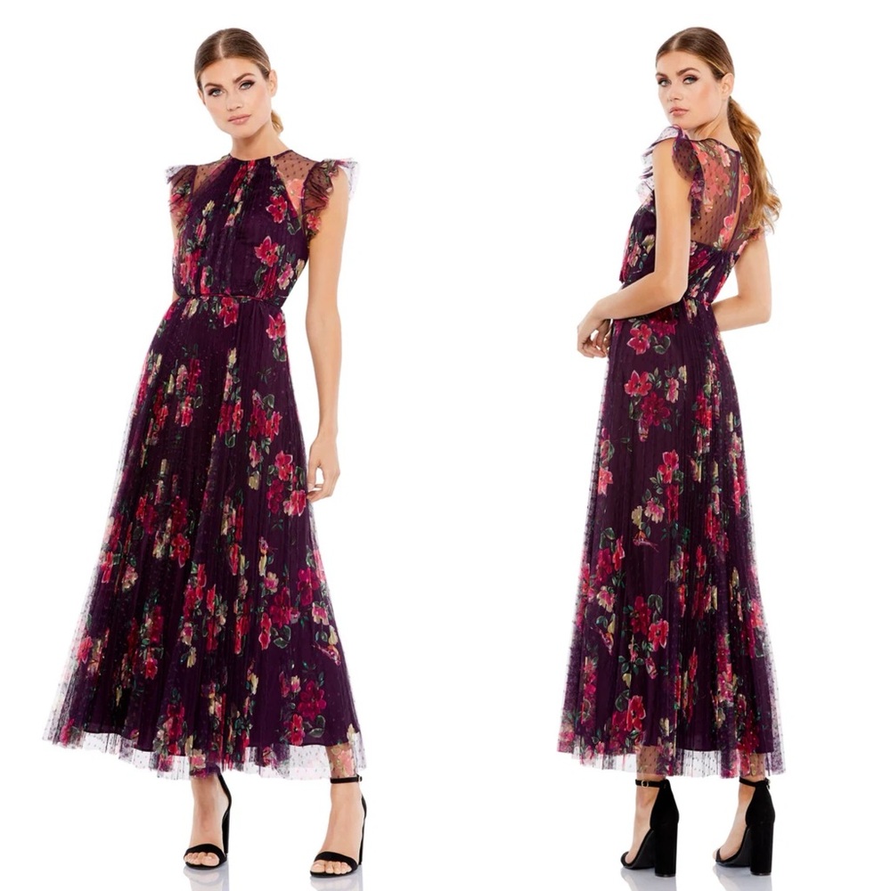 Mac Duggal FLORAL Print FLUTTER SLEEVE MIDI DRESS NWT XL